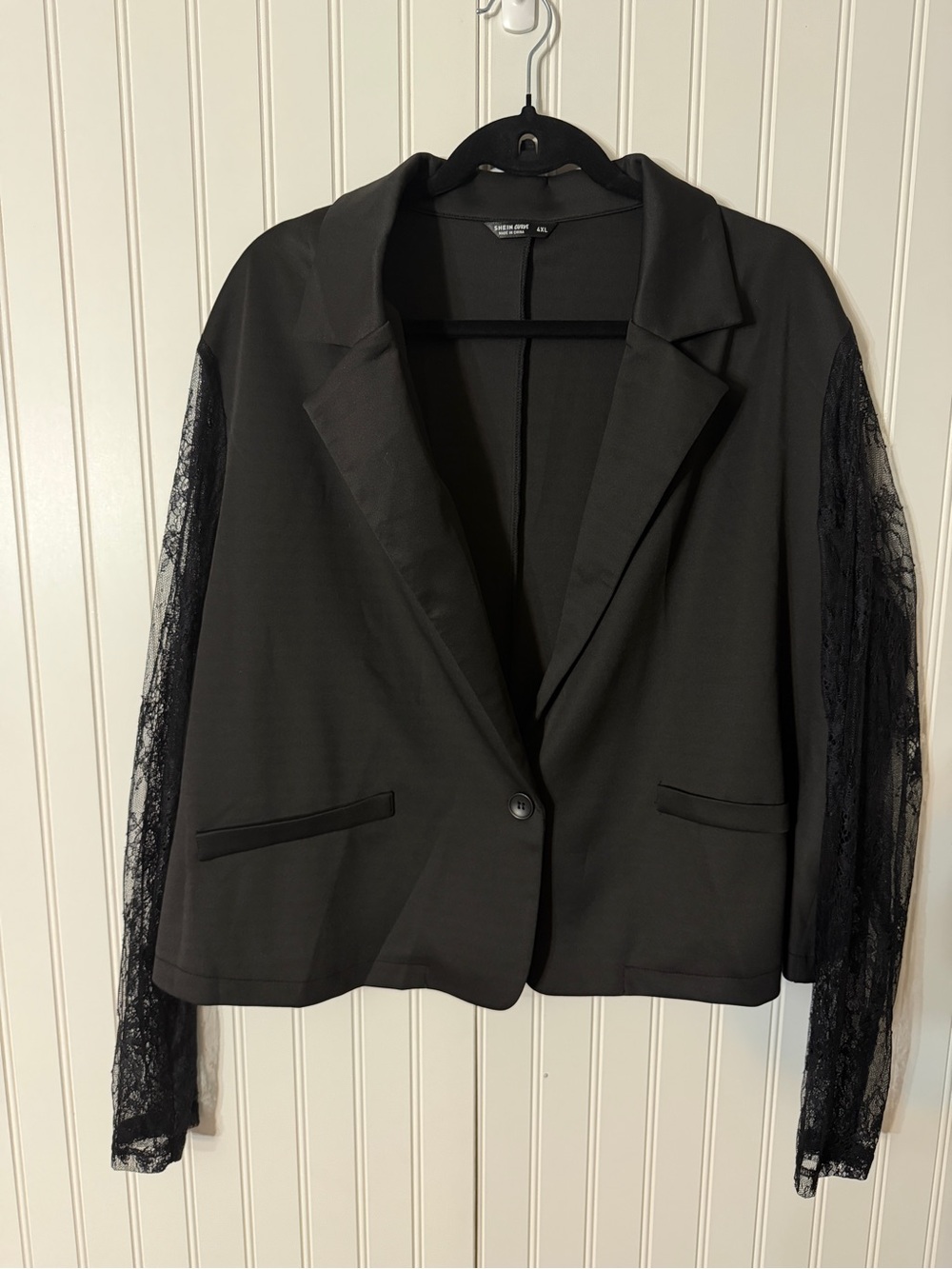 SHEIN Black Blazer with Sheer Lace Sleeves